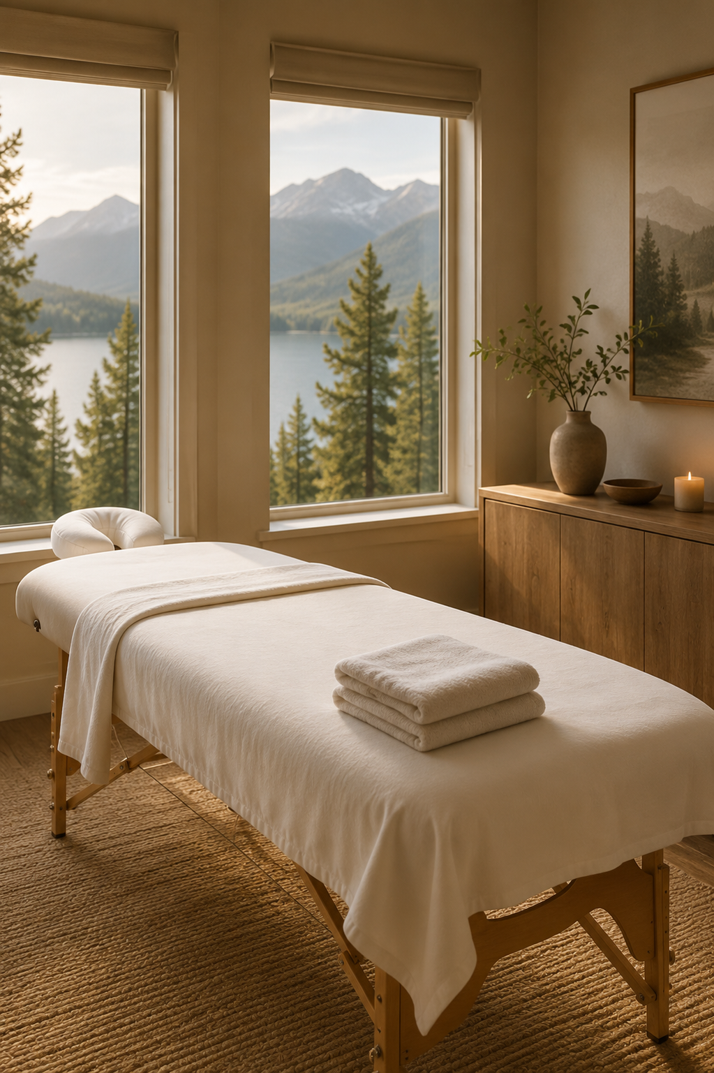 Professional massage table in a serene room overlooking Lake Tahoe